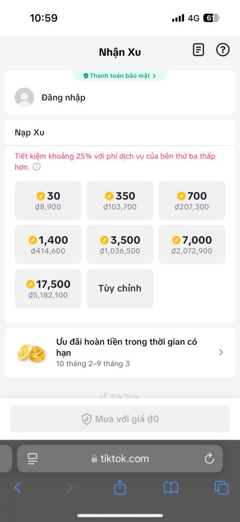 Bước 1 truy cập trang nạp xu