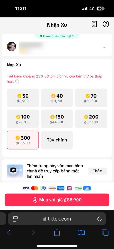 Bước 2 Đăng nhập tài khoản vào TikTok chọn gói nạp