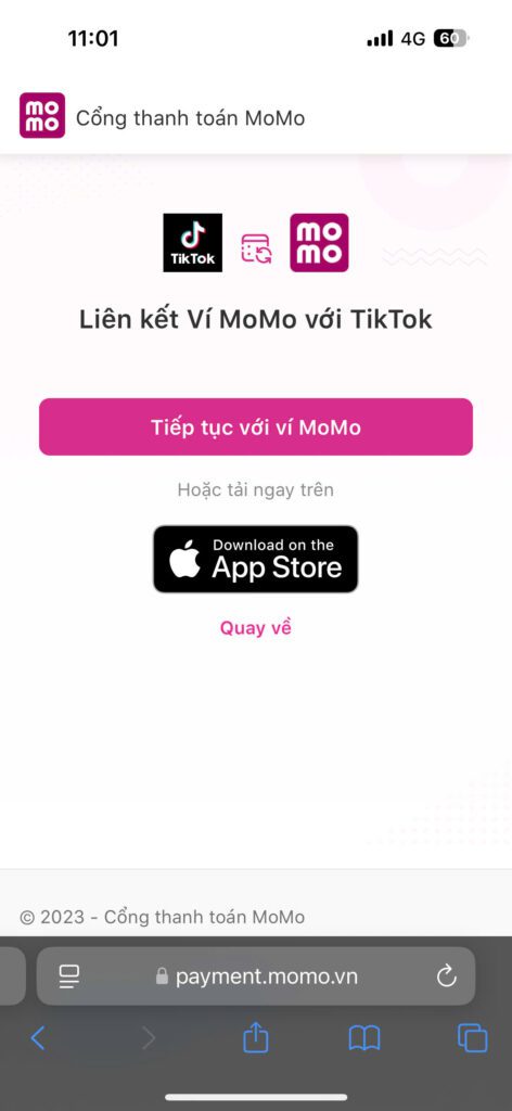 Bước 4. Chọn Tiếp tục với MoMo và xác nhận Liên kết.