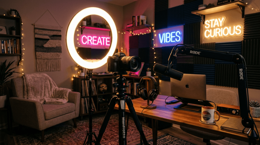 A cozy studio setup with a ring light, microphone, and a camera on a tripod, aesthetic