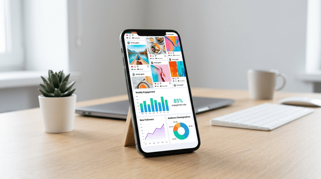 A modern smartphone displaying a colorful social media feed with analytics charts on the screen, clean