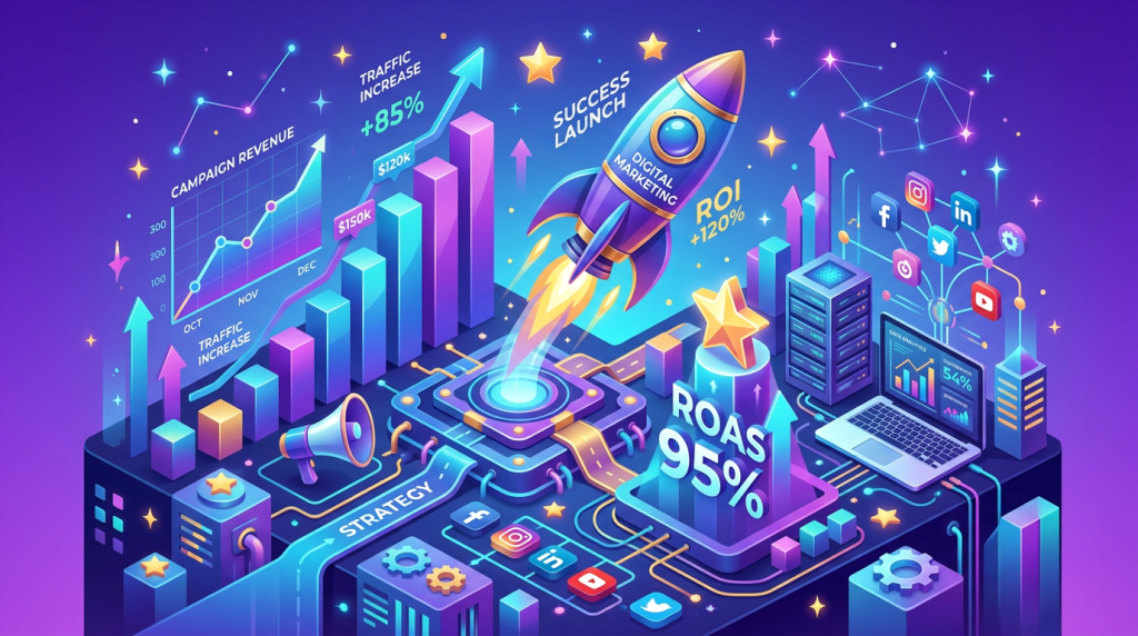 An isometric 3D illustration representing digital marketing success, with rocket ship, star icons, and growth charts,