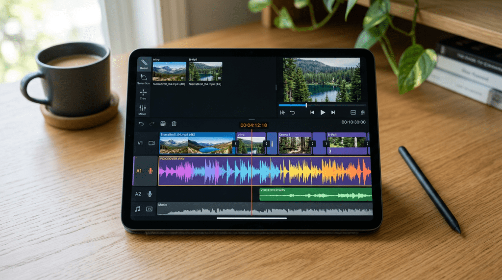 A high-quality close-up of a tablet displaying video editing timeline software, colorful audio waveforms, minimalist wooden