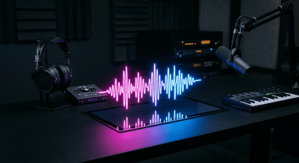 A modern digital audio wave representation in colorful neon pink and blue light on a dark smooth surface, minimalist creative