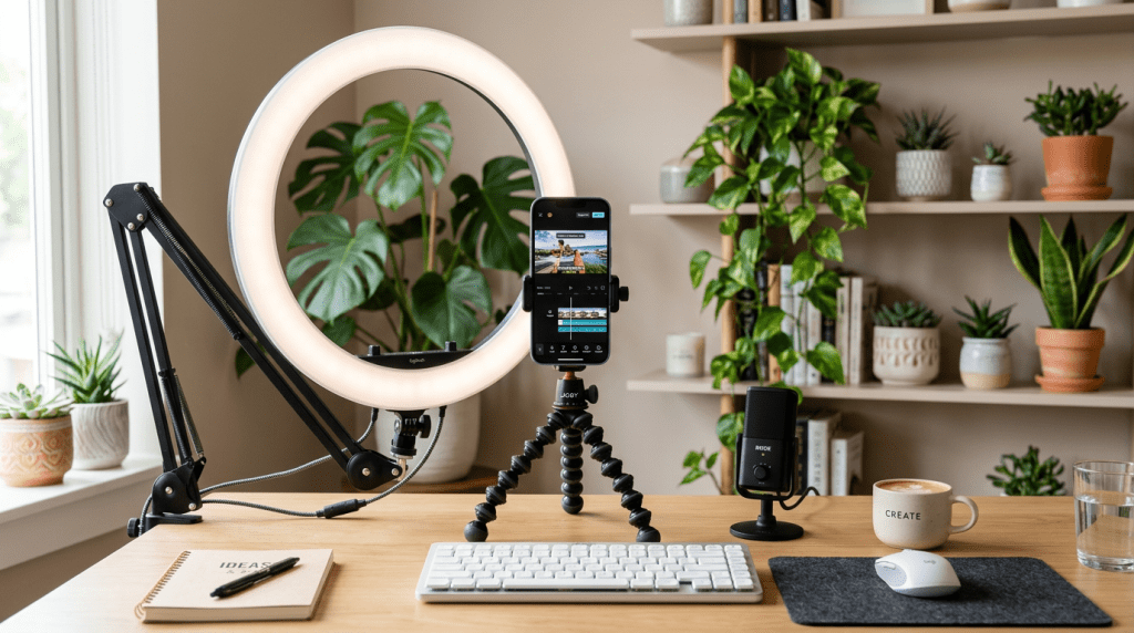 A clean editorial photo of a workspace desk with a ring light, a smartphone mounted on