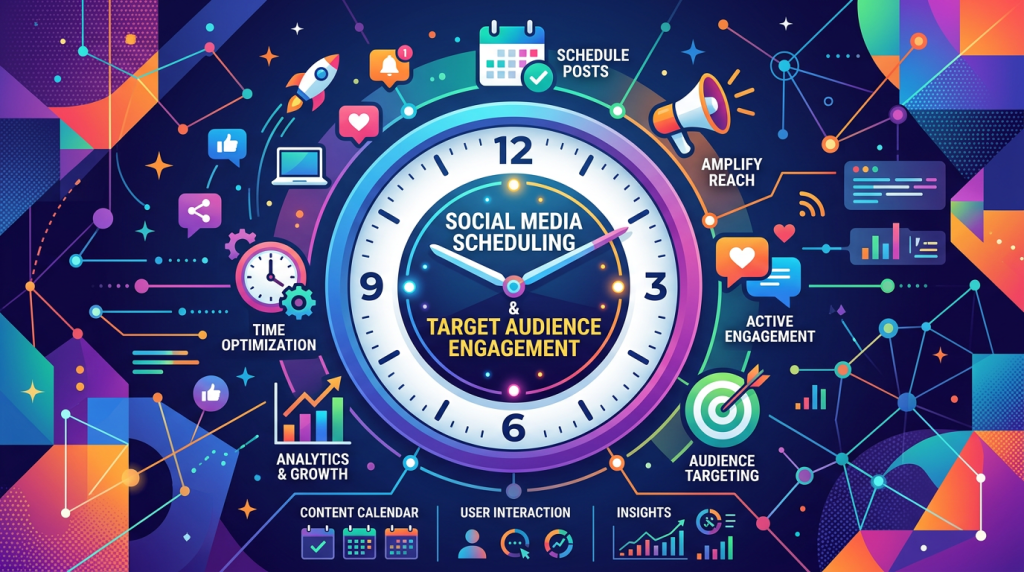 A flat design graphic illustration showing a clock with vibrant icons representing social media scheduling and