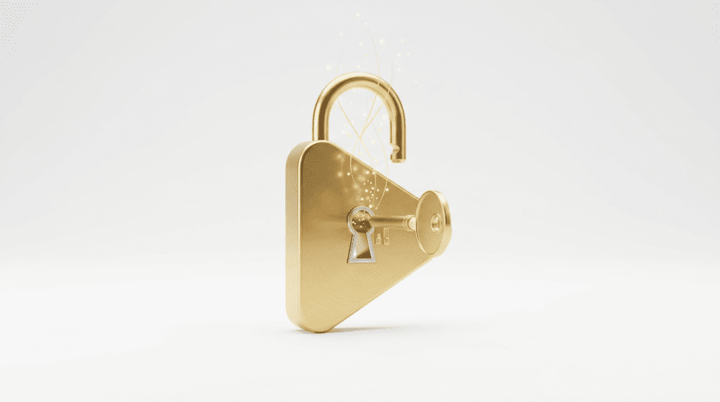 A minimalist 3D rendering of a golden key unlocking a padlock shaped like a play button