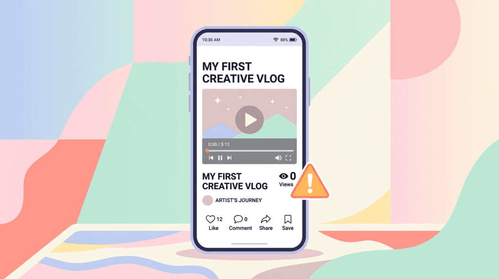 A flat vector illustration of a smartphone displaying a video player screen with a 0 view