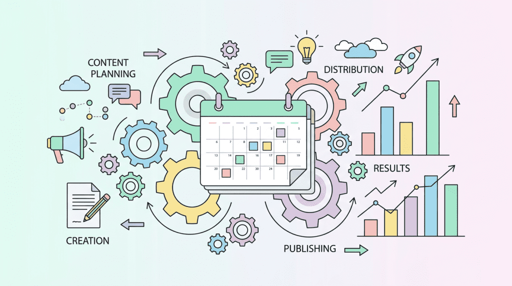 A minimalist flat vector illustration representing content strategy, with calendar icons, gear wheels, and rising bar