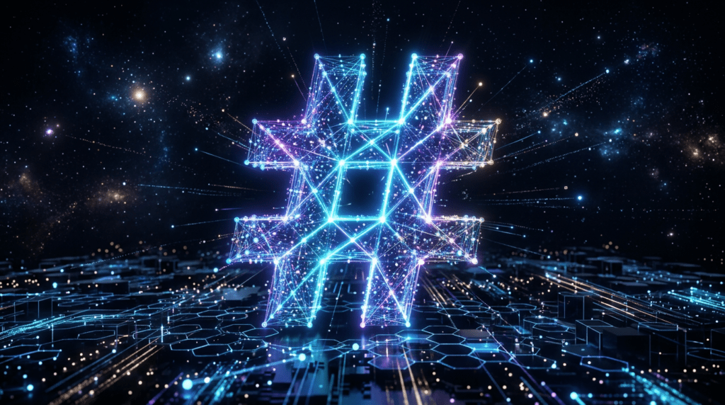 An abstract digital landscape with glowing network nodes and interconnected light beams forming a large luminous
