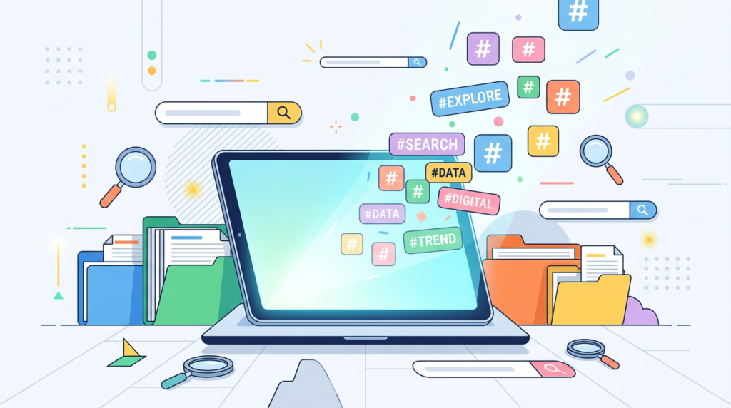 A flat vector illustration of colorful folders, magnifying glasses, and search bars, with pastel-colored hashtag icons