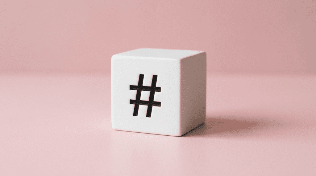 A minimalist product shot of a physical white cube with a black hashtag engraved on it,