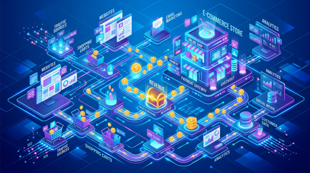 An isometric 3D illustration of a digital marketing ecosystem, showing connected nodes of websites, shopping carts, and dollar coins, vibrant